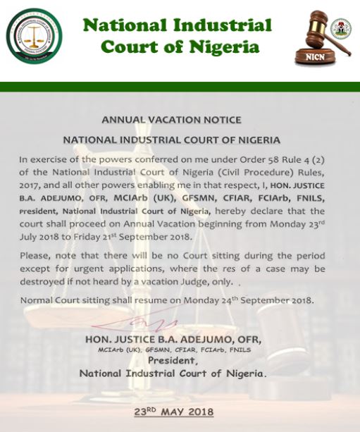 National Industrial Court announces Annual Vacation for 2018 Legal Year