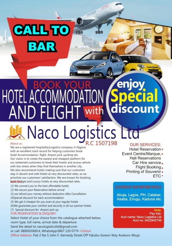 Call to Bar 2021: Best Hotel Rates Guaranteed with NACO Logistics Ltd