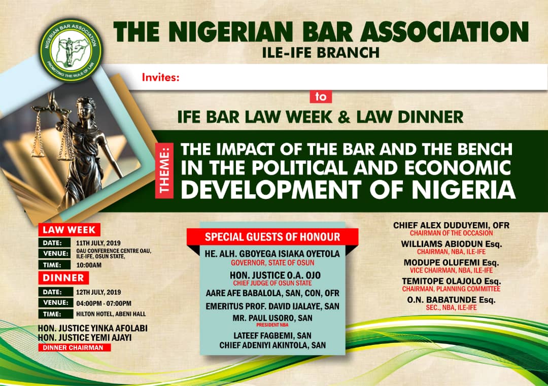 NBA Ile-Ife Law Week holds 11th July| Impact of the Bar, Bench in Nigeria's Political and Economic Development