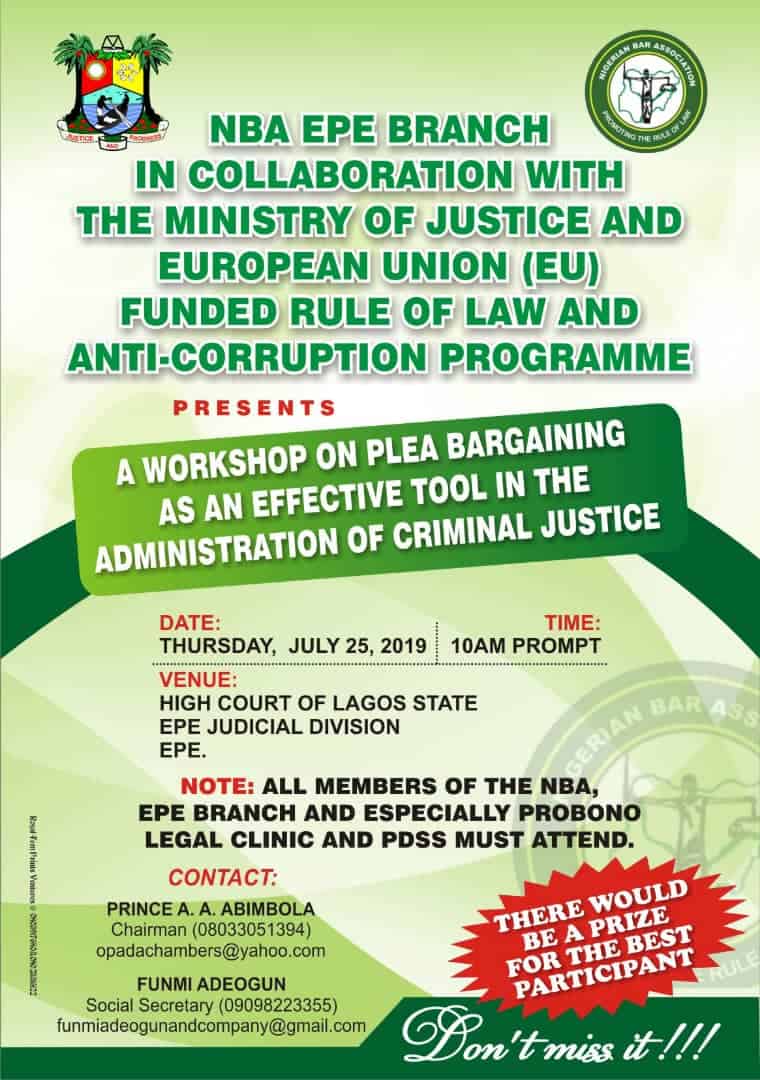 NBA Epe Branch, MOJ, EU Present Workshop on Plea Bargaining as an Effective Tool in the Administration of Criminal Justice