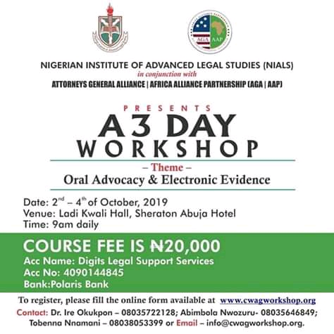 NIALS, Attorneys General Alliance/African Alliance Partnership, to Hold 3-Day Workshop |Oral Advocacy & Electronic Evidence| October 2-4, 2019