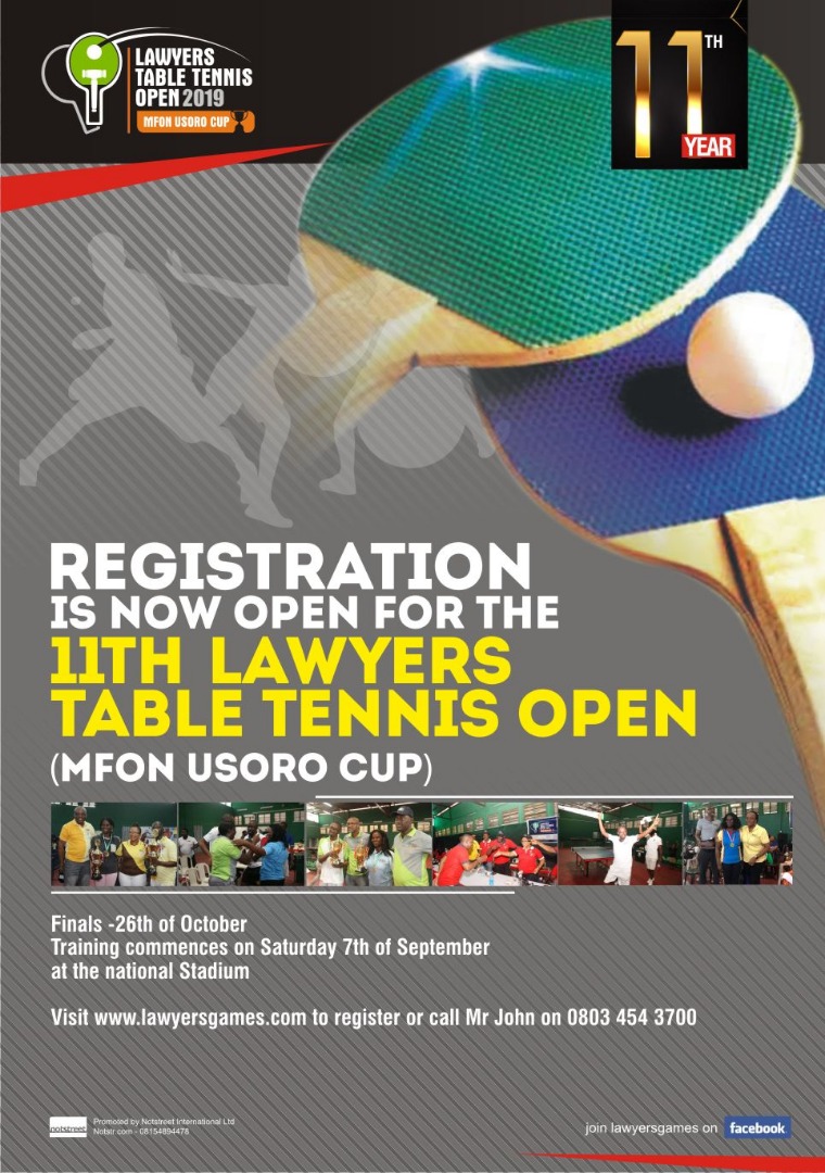 11th Lawyers' Table Tennis [Mfon Usoro] Cup: Registration Ongoing as Training begins September 7 @ National Stadium, Surulere