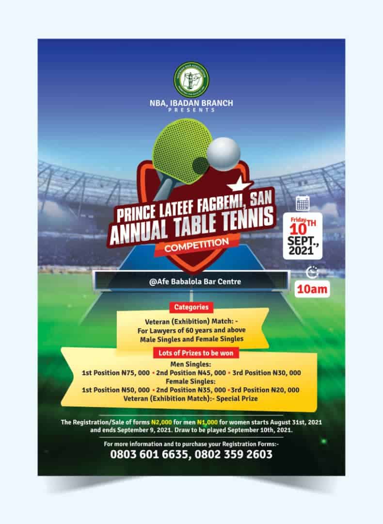 NBA Ibadan Branch Hosts Prince Lateef Fagbemi, SAN Annual Table Tennis Competition on Friday, Sept. 10, 2021
