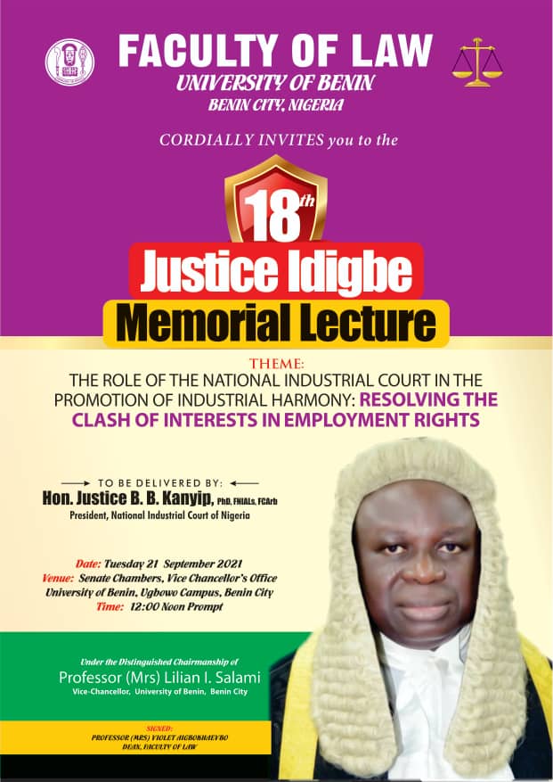 Invitation to the Justice Idigbe Memorial Lecture Organised by the UNIBEN Faculty of Law| Sept. 21, 2021
