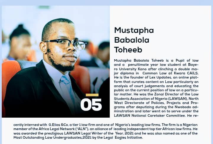 Mustapha Bàbalola Toheeb, BUK Law Student Shortlisted among the Top 20 Most Outstanding and Exceptional Law Students in Nigeria for 2021